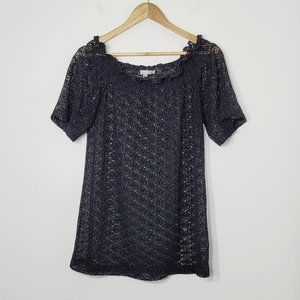Joy Joy Sheer Lace Cover Up Mini Dress Short Sleeve Scoop Neckline Black Size XS